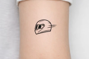 Minimalist motorsport tattoo, a sleek racing helmet in side profile with two subtle aerodynamic speed lines, black ink only, clean geometric linework, no shading, no text, compact square composition, highly recognizable at 5x5 cm, professional tattoo stencil, white background. tattoo idea