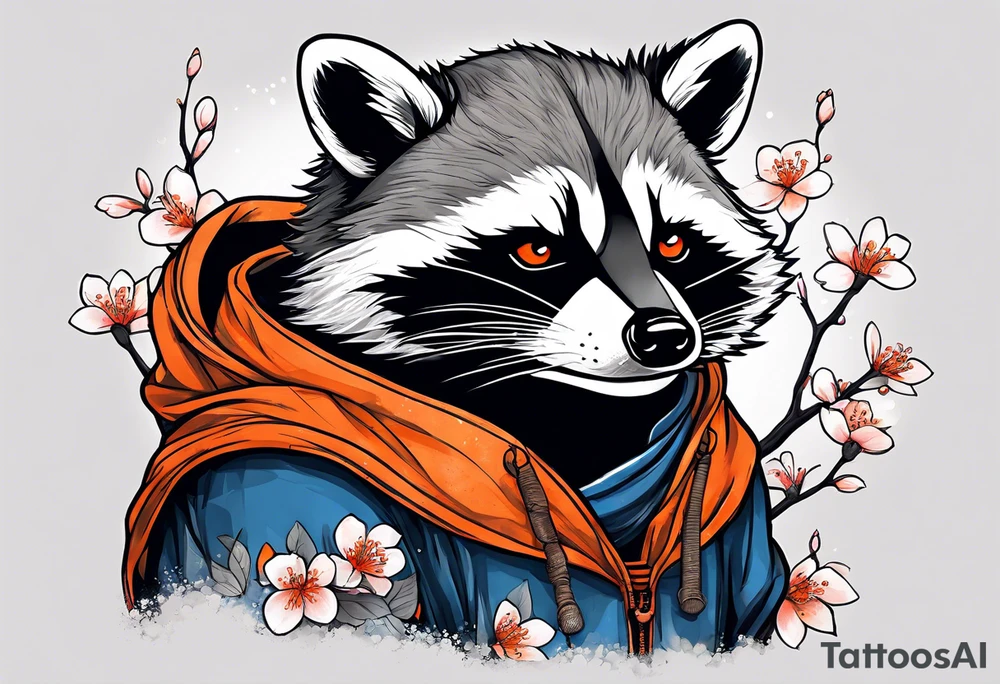 raccoon wearing a black and white Superman hoodie and orange Japanese cherry blossoms tattoo idea