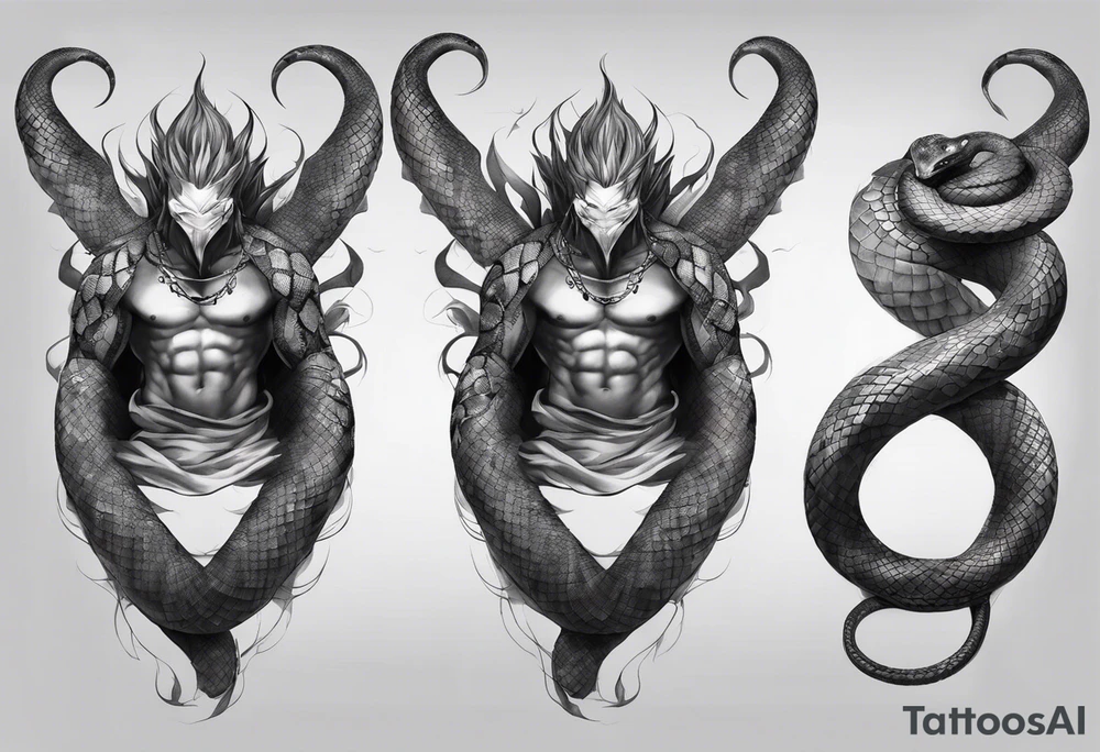 A snake wrapping around the legs of a rough sketch of man with 8 arms and no face in pencil drawing style. The upper part of the snake will come up from the right and look back at the man figure. There will be a black eye above the man looking directly forward. tattoo idea