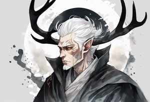 a gaunt man with white hair, grey eyes, antlers and a black cloak standing in the dark tattoo idea