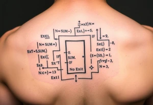 "Rat maze tattoo made of Excel formulas (=SUM, =IF). Exit door says 'No Exit' in Calibri font. Black ink, schematic style." tattoo idea