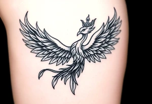 majestic fiery phoenix flapping wings with trailing flames and a crown of fire tattoo idea
