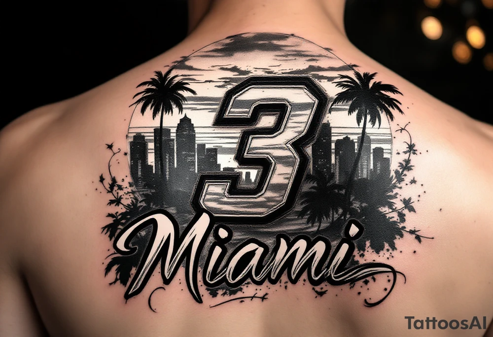 Detailed Miami city skyline at sunset, Miami heat basketball jersey number 3 artistically integrated with the sunset, artistically blend elements of rap music culture throughout image using powerful suggestive imagery, Miami spelled with graffiti style font curving text under entire image tattoo idea