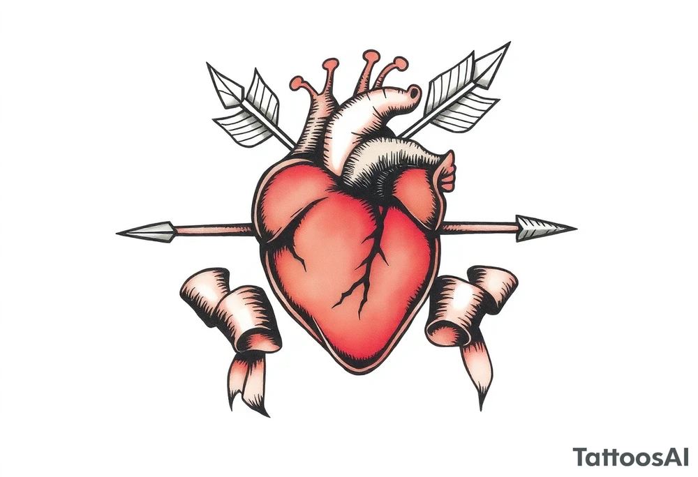 anatomical heart pierced by ornate arrow with flowing ribbons tattoo idea