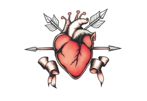 anatomical heart pierced by ornate arrow with flowing ribbons tattoo idea