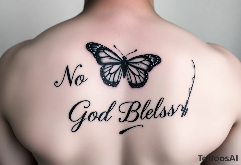 The words No Rush with a monarch butterfly in the same tatto with the words God Bless with a fishing pole. Tattoo is masculine for the upper arm tattoo idea