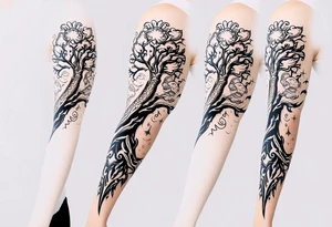 right arm sleeve, tree branch made of stone, clouds and lightning mixed throughout, tattoo idea