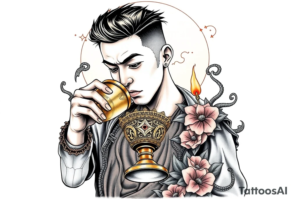 Handsome Asian young guy is drinking from medieval feast cup tattoo idea