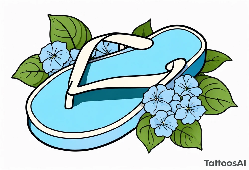 small tattoo of a single pastel blue flip flop surrounded by blue and periwinkle hydrangea flowers with green leaves tattoo idea