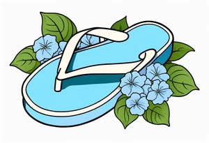 small tattoo of a single pastel blue flip flop surrounded by blue and periwinkle hydrangea flowers with green leaves tattoo idea