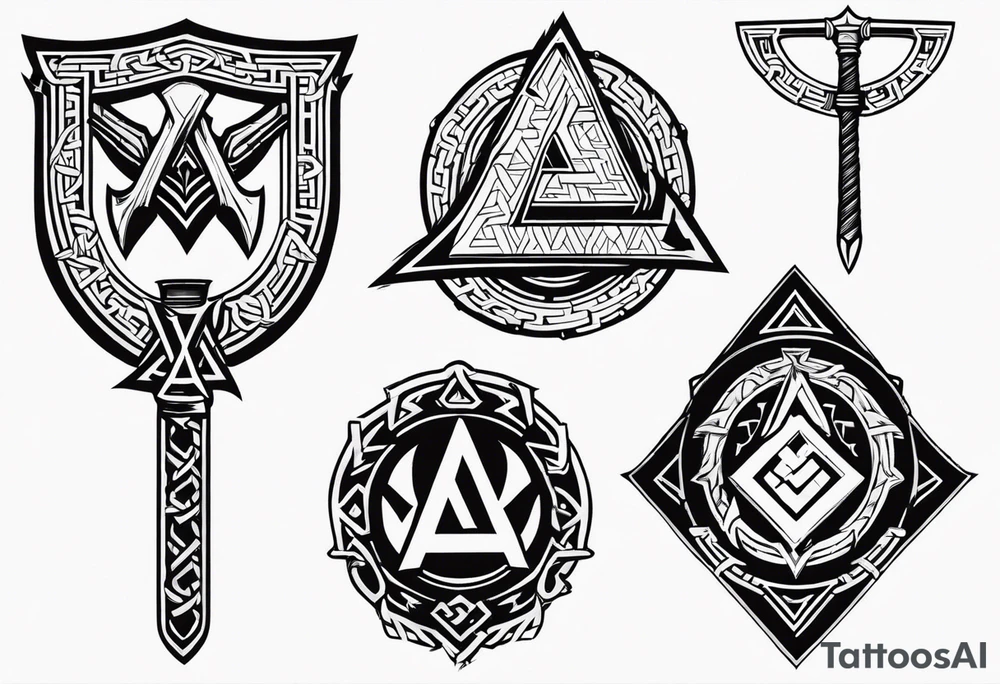 Valhalla sword shield axe Valknut chains tattoo idea