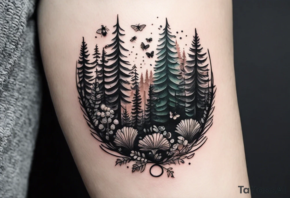 forest floor inspired minimalist tattoo, which includes grass, curly ferns, moss and dead leaves as the bulk of the tattoo. details to include: forest berries, a tiny bumblebee flying nearby, three small brown mushrooms
Generate a vertically long one tattoo idea