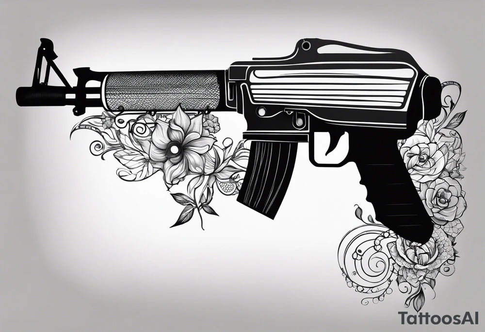 Arm tattoo sleeve include ak-47, tennis racket, fitness, motivational quote, sun, tattoo idea