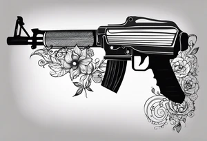 Arm tattoo sleeve include ak-47, tennis racket, fitness, motivational quote, sun, tattoo idea