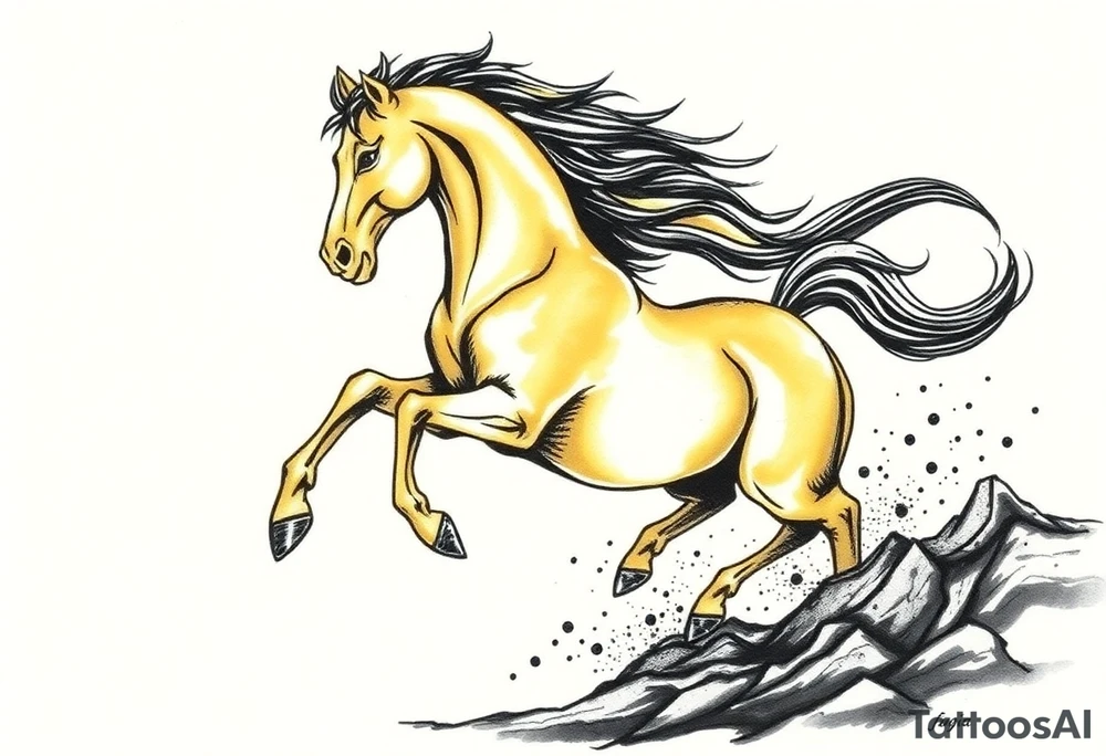 The tattoo represents a supernatural encounter with a golden horse with jet-black fur in the mountains of Choquequirao (Cusco, Peru). This mysterious, fleeting horse symbolizes strength, energy, and spiritual rebirth. It appeared at full speed, its hooves shaking the ground, its breath so powerful it drowned out all other sounds. The narrator felt no fear, only awe as the horse took a perfect curve, muscles tense, radiating power and grace. Its presence transformed the narrator, giving them the energy to complete an exhausting trek and leaving them with a profound connection to something greater. The tattoo aims to capture the essence of this moment: strength, speed, beauty, and the spirit of the mountain. For the design, consider drawing inspiration from Japanese tattoo art, known for its dynamic representation of animals like koi fish and dragons, emphasizing fluidity, movement, and symbolic power. tattoo idea