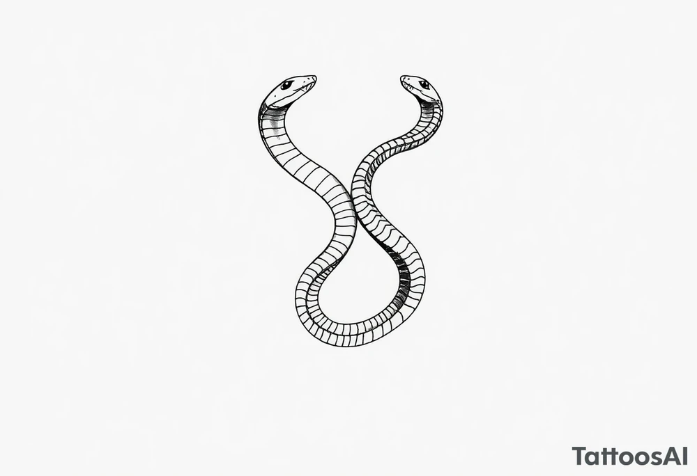 Id like a back tattoo with two snakes.  The illustration should be minimal with "skin-break."  I'd like the tails to be intertwined to accentuate my upper buttocks/upper butt crack, and Id like the snakes to moving upwards to the upper back, with the heads stopping just under my shoulder blades.  Almost like a "V shape" but very organic, like a symmetrical winding road.  Id like the tattoo to be sexy and accentuate my back to make my waist look small.  Black and white. Minimal.  Fine line. Please use a male body type. tattoo idea