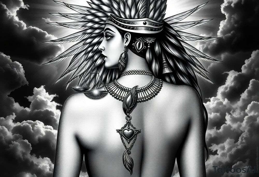 Beautiful Egyptian goddess with a curvy sexy body. She is wearing an ostrich feather headdress, and intricate ancient Egyptian jewelry the Anhk necklace. Background includes something similar to heaven. Incorporate the Scales of Justice—one side holding a heart, the other Ma’at’s feather—glowing with ethereal energy. Emphasize dramatic lighting, deep shadows, and surreal, mystical atmosphere tattoo idea
