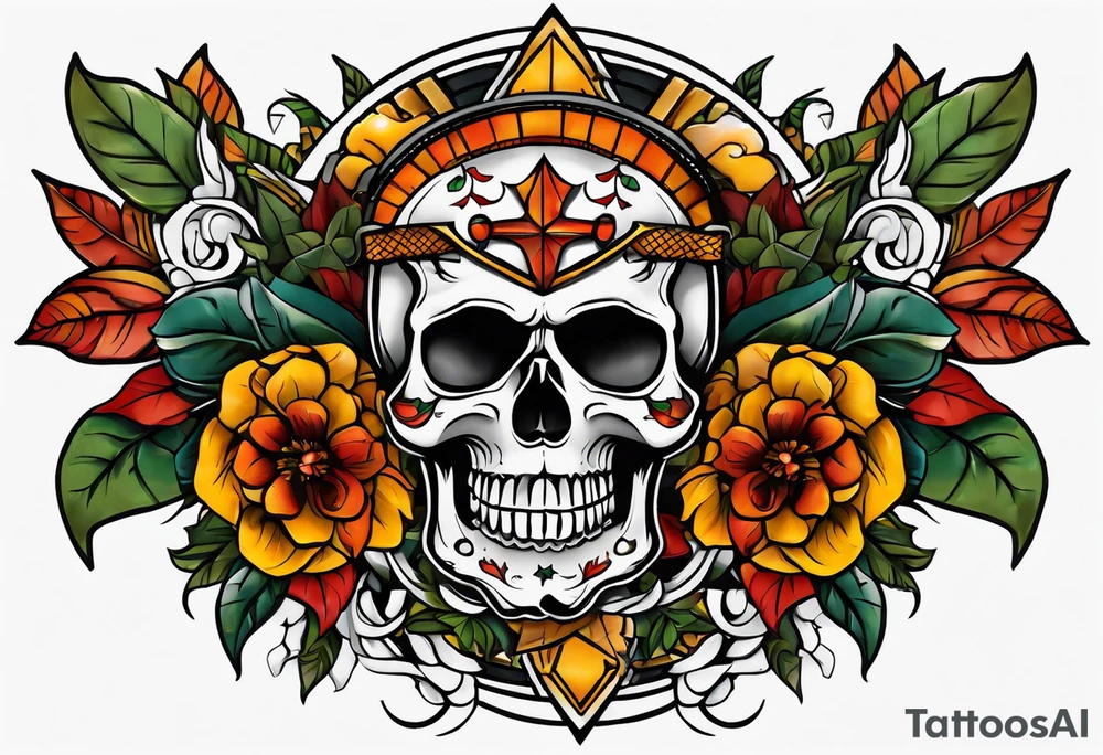 Old school knee tattoo with skull and fall colors tattoo idea
