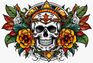 Old school knee tattoo with skull and fall colors tattoo idea