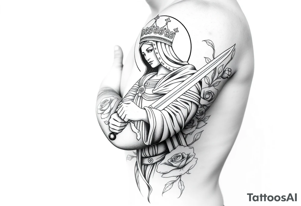 Saint Barbara carrying a sword detailed with a castle tower in the background, and roses tattoo idea