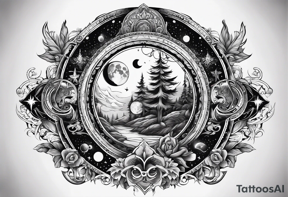 A tattoo design inspired by folklore tales, incorporating mystical creatures and celestial objects such as moons and stars, reflecting the client's love for folklore and celestial objects. tattoo idea