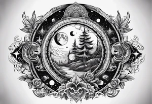 A tattoo design inspired by folklore tales, incorporating mystical creatures and celestial objects such as moons and stars, reflecting the client's love for folklore and celestial objects. tattoo idea
