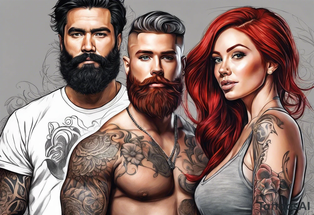 Busty red haired woman with a bearded man who has black hair tattoo idea