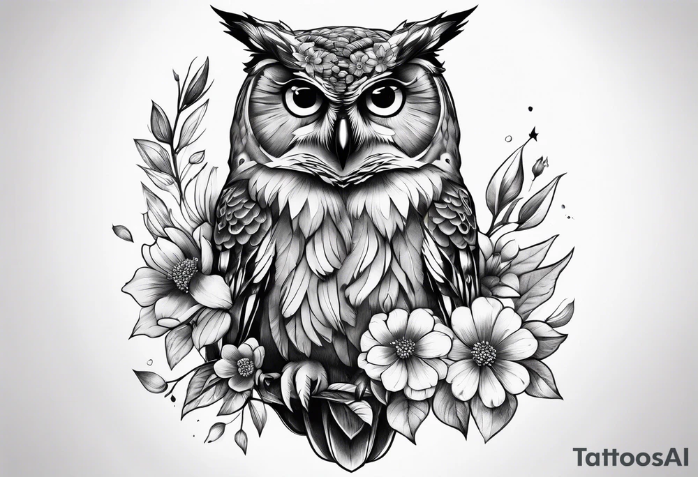female owl with flowers tattoo idea