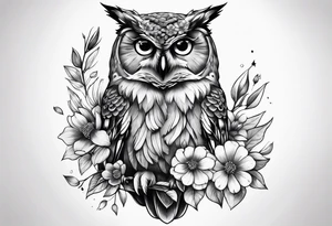 female owl with flowers tattoo idea