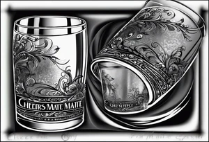 "Cheers Mate" text black and grey ink armband, intricate, artistic +abstract +grey Cancer Ribbon +toasting bourbon glass tattoo idea
