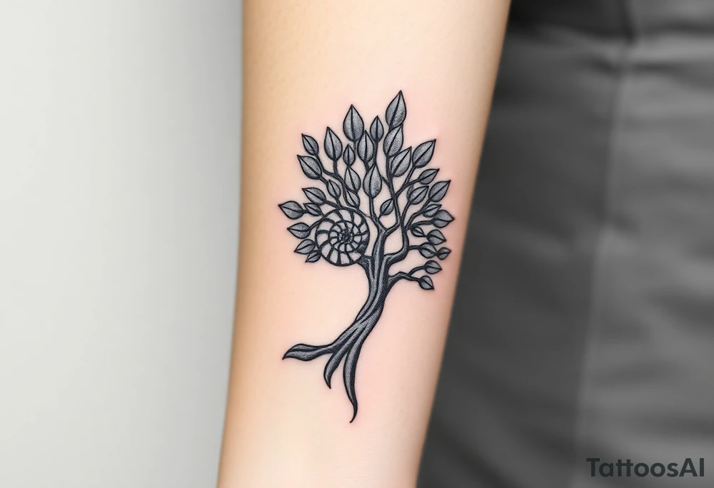 Fibonacci spiral shell on side of base of tree full of lots of leaves tattoo idea