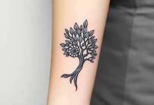 Fibonacci spiral shell on side of base of tree full of lots of leaves tattoo idea