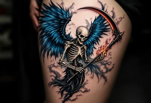 A skeletal angel with dark blue ethereal wings, holding a flaming scythe, surrounded by swirling shadows. tattoo idea