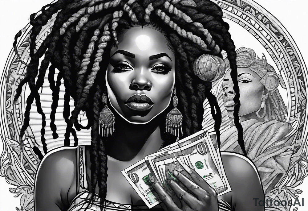 African woman with dreads medusa biting money tattoo idea