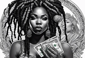 African woman with dreads medusa biting money tattoo idea