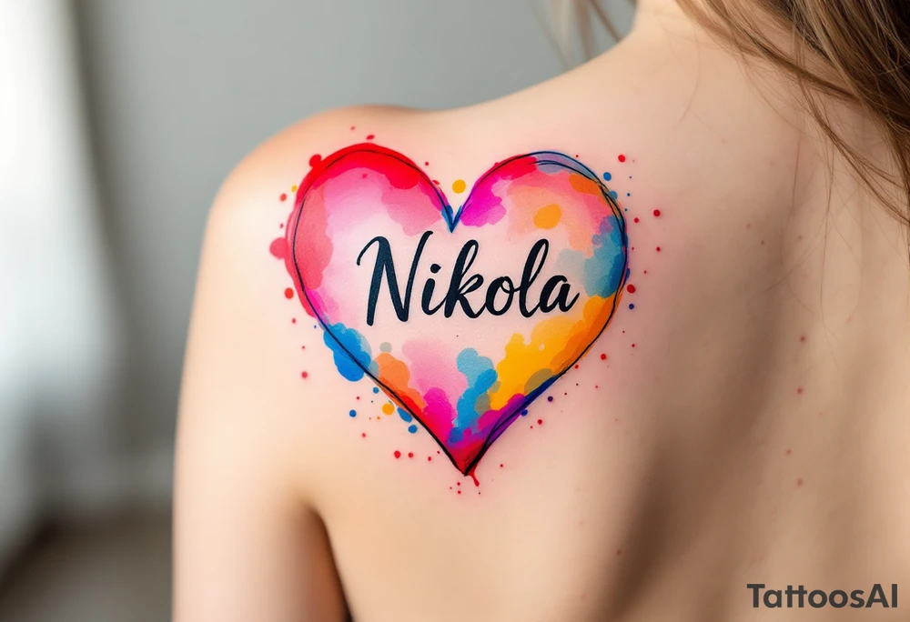 A colorful splashed heart, with vibrant hues of red, pink, blue, and yellow, and the name "Nikola" boldly displayed in a black modern sans-serif font. tattoo idea