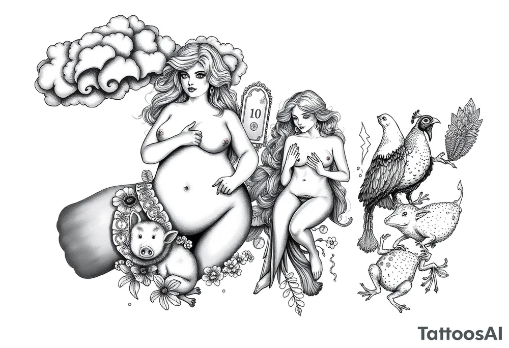 Storm clouds with a fat naked woman and drugs and money  and coins and mirror and sexy naked couple having sex with pig and peacock , frog, lamb and lightening lust gluttony envy greed wrath pride  sloth tattoo idea