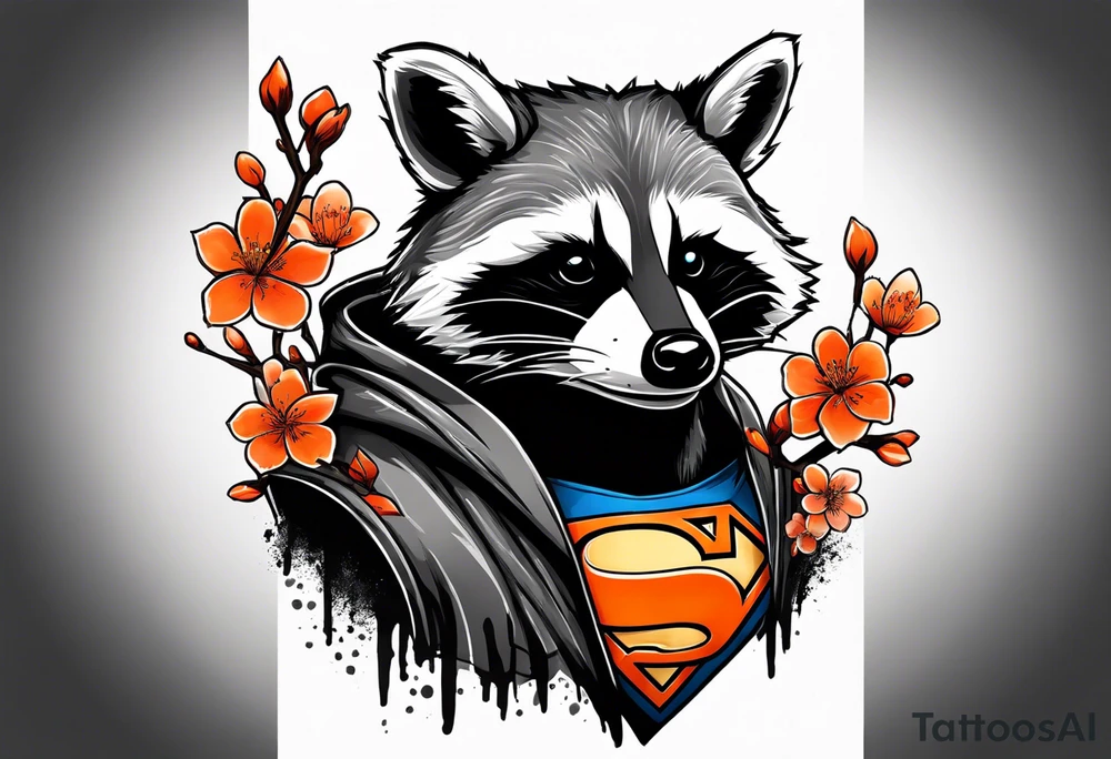 Raccoon wearing a white Superman logo on a black hoodie and orange Japanese cherry blossoms tattoo idea