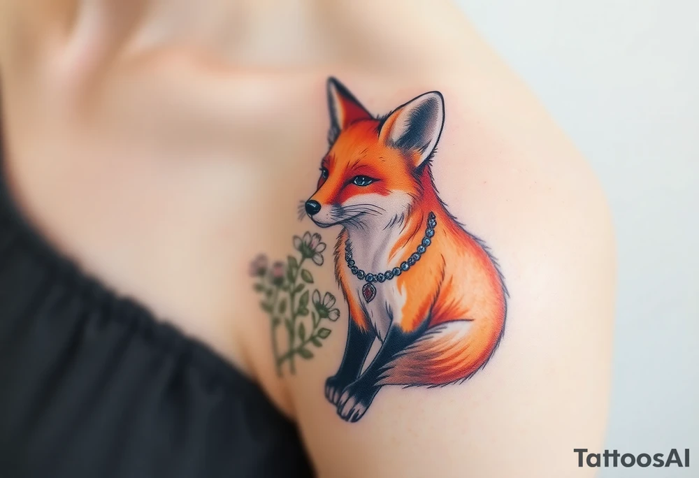 adult fox with jewelry smelling wild flowers tattoo idea