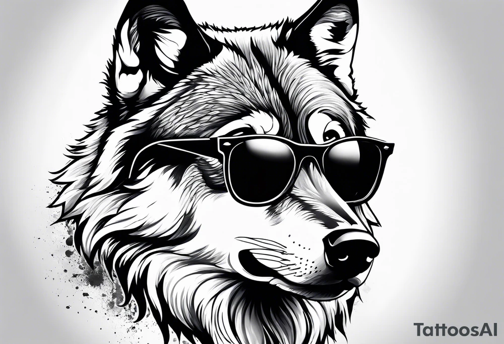 Badass wolf wearing sunglasses tattoo idea