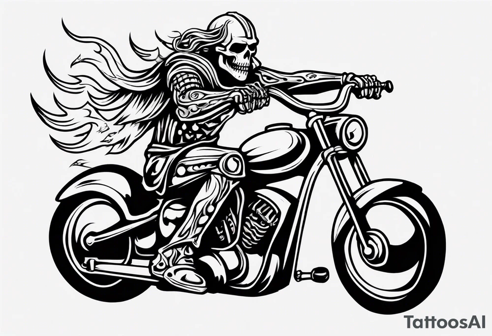 A viking skeleton riding a motorcycle with flames front view tattoo idea
