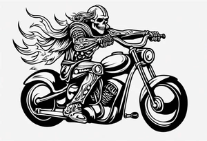 A viking skeleton riding a motorcycle with flames front view tattoo idea