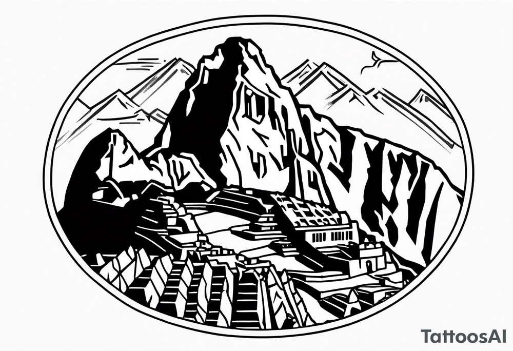 Machu picchu, llama and mountains. Simple tattoo sketch without small details tattoo idea