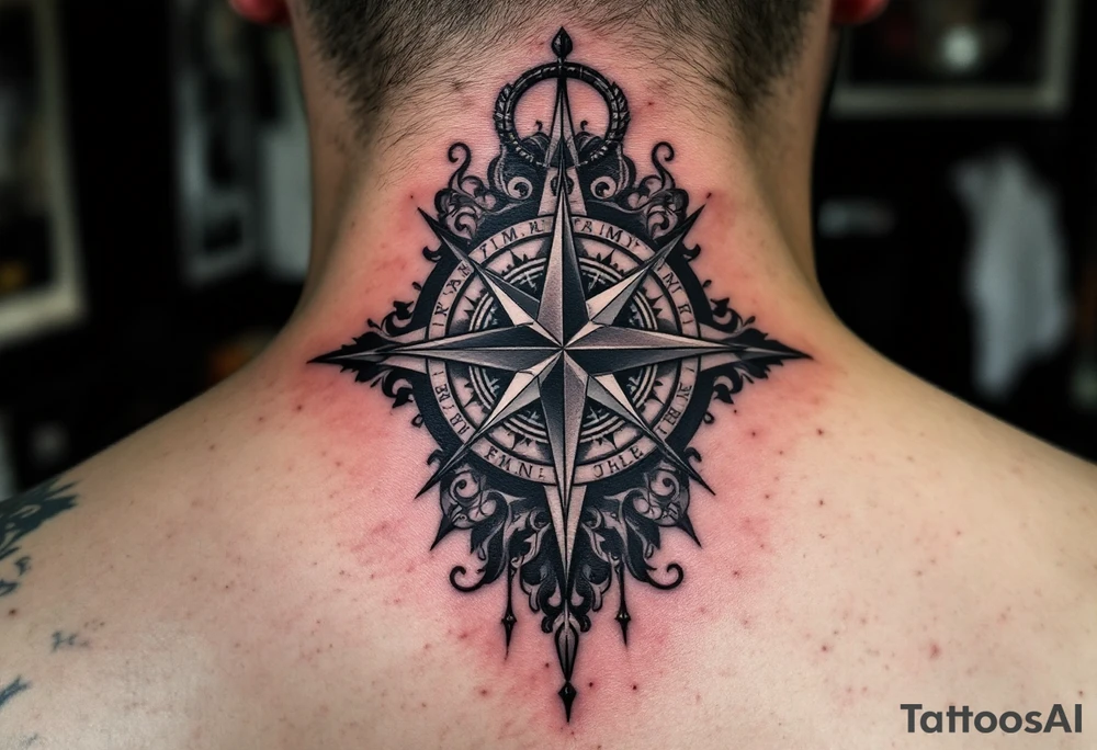 A classic black family tattoo beneath a compass rose with deep navy and silver accents. tattoo idea