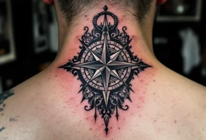 A classic black family tattoo beneath a compass rose with deep navy and silver accents. tattoo idea