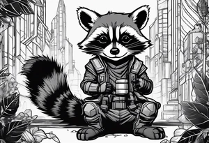 Rocket raccoon sitting with a small black  house cat tattoo idea