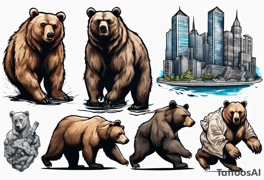 Serious bear coming up behind a city tattoo idea