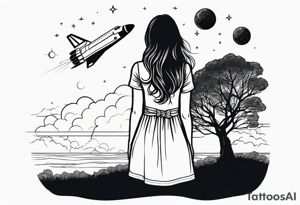 back of small girl in dress with long hair sitting on a tree branch watching a space shuttle launch in the distance tattoo idea