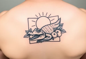 florida themed traditional tattoo with a gator, sun and oranges in a square border tattoo idea