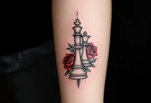 A fine-line black and gray tattoo of a chess king and queen piece intertwined with red roses. tattoo idea